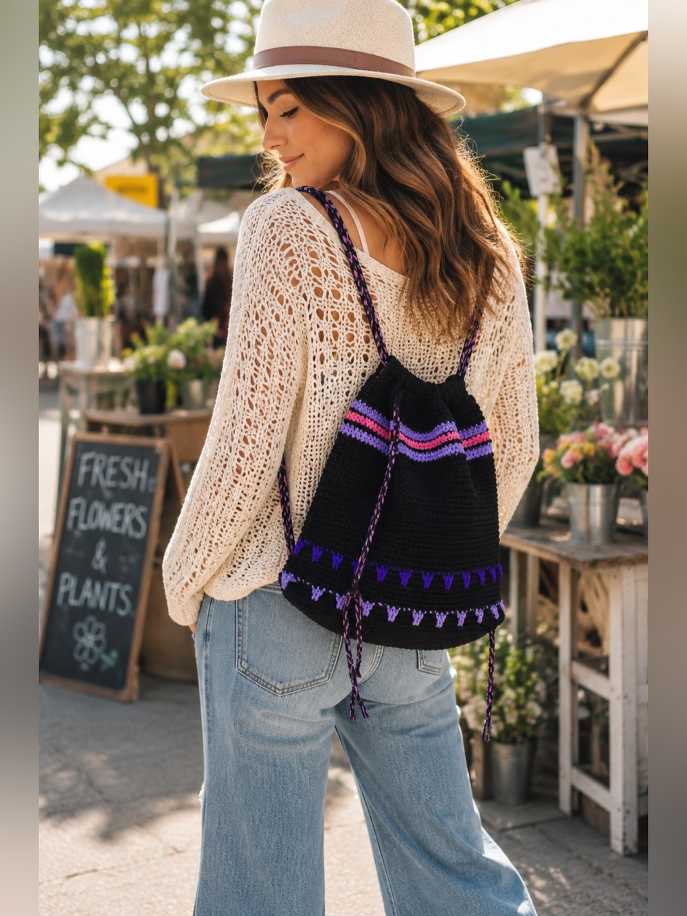 Black Purple Crochet Drawstring Backpack Boho Bag